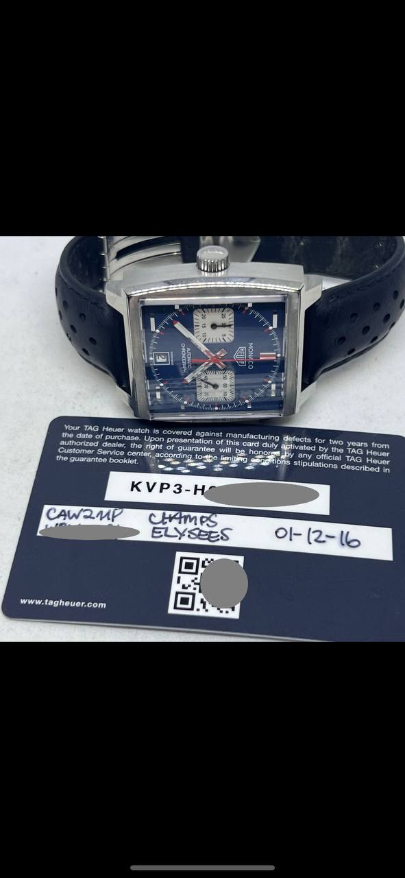 TAG HEUER MONACO REF CAW211P BLUE DIAL AUTOMATIC CALIBER 11 WITH CARD